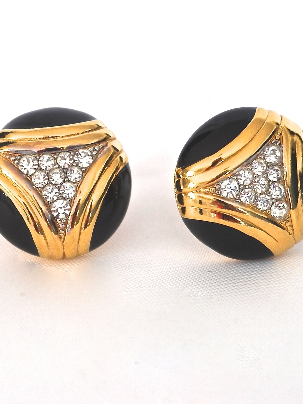 Nina Ricci 1980’s Gold Tone & Black Enamel Button Earrings With Pave Crystals